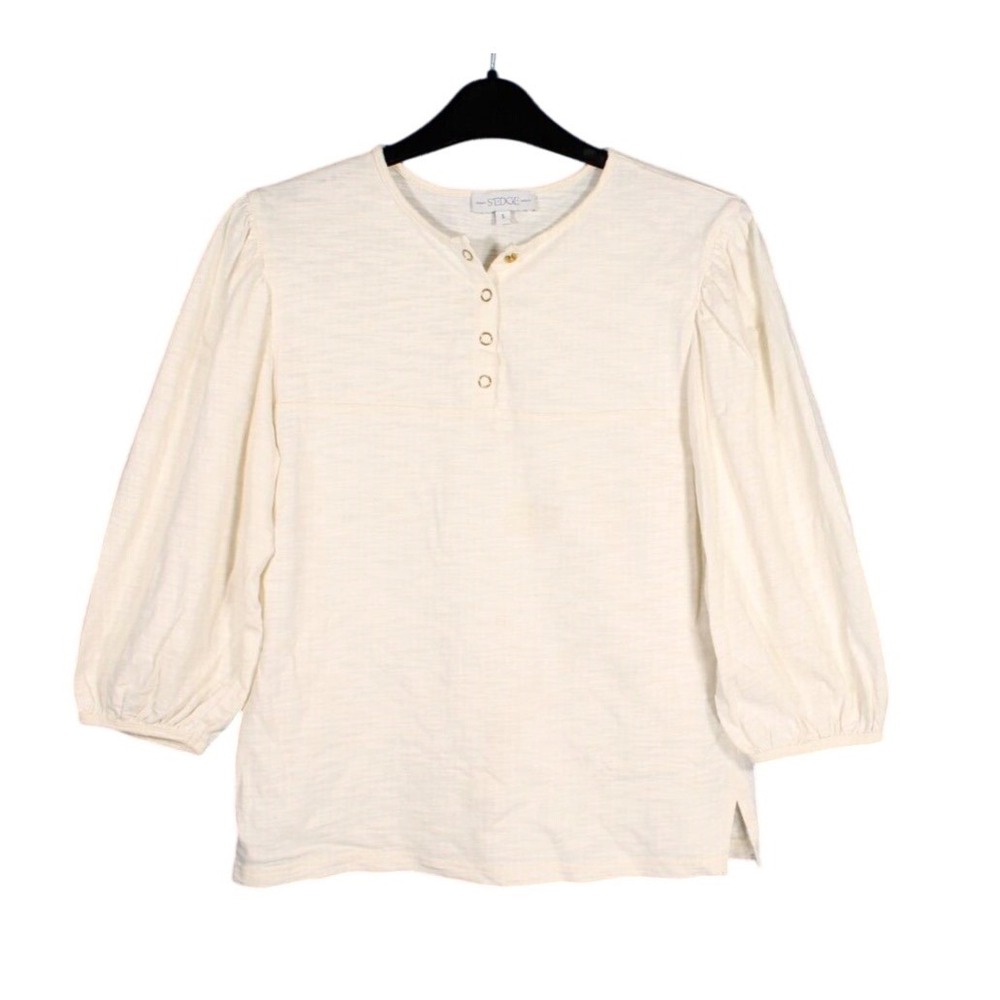 S'EDGE Sedge Henley Buttons SLUB KNIT BALLOON SLEEVE Ivory PULLOVER Blouse/Top S